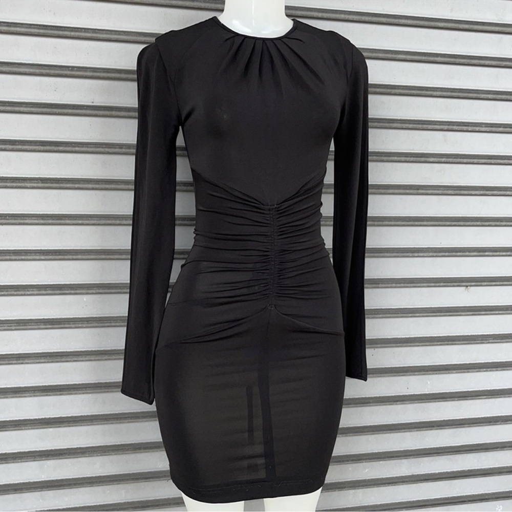 Mng Suit Black Ruched Mock Neck Bodycon Dress Size XS